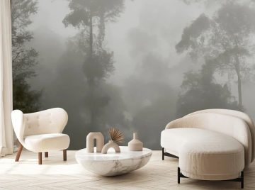 papier peint foret mystique situation dans un salon avec canape clair et fauteuil assorti ainsi qu une table basse