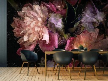 papier peint gloire situation dans une salle a manger avec une grande table et des chaises noir et bois moderne