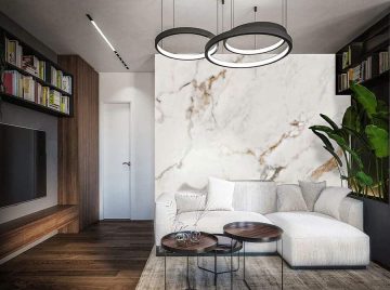 papier peint marbre naturel cuivre situation dans un salon avec des meubles en bois