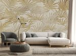 papier peint palm brun beige vintage situation dans un salon avec canapé gris