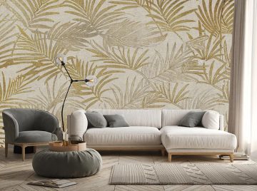 papier peint palm brun beige vintage situation dans un salon avec canapé gris