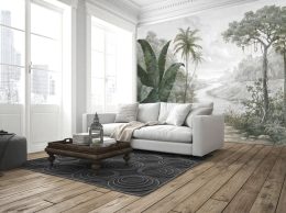 papier peint paraiso verde situation dans un salon dans les tons gris et le vert du papier peint