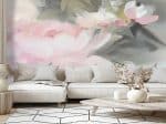 papier peint peonia a fleur abstraite situation dans un salon avec canape gris