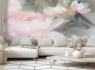 papier peint peonia a fleur abstraite situation dans un salon avec canape gris