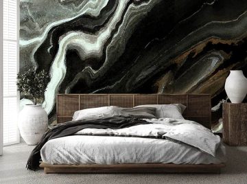 papier peint vague noire situation dans une chambre avec lit en bois
