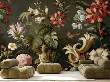 papier peint victoria avec des fleurs couleur rouge blanc sur un fond kaki situation dans un salon avec canapé matelase kaki
