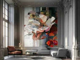 papier peint mural pop arty situation dans un salon avec une grande hauteur sous plafond